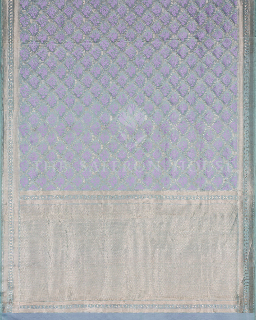 Icy Blue Mashru Banarasi Saree with Lilac Zari Floral Medallions