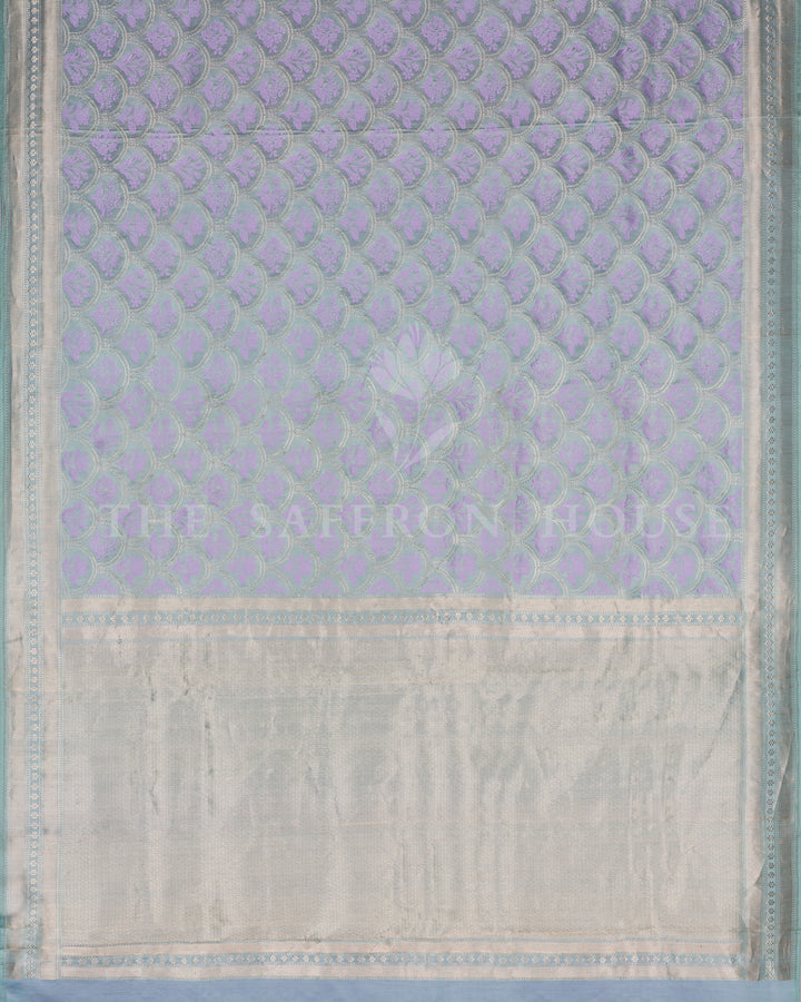 Icy Blue Mashru Banarasi Saree with Lilac Zari Floral Medallions