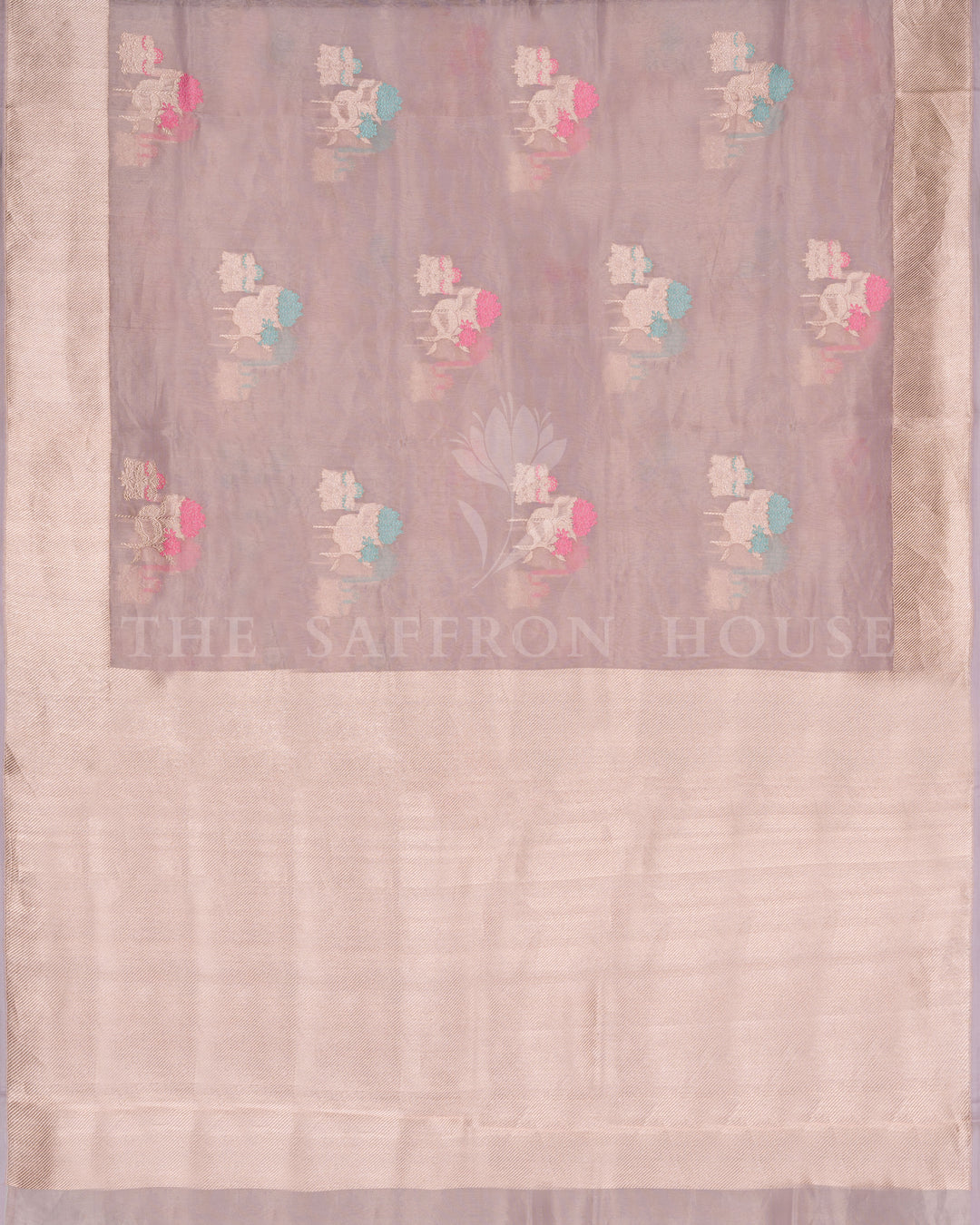 Pastel Lilac Kora Banarasi Saree with Multicolor Floral motifs and Zari Border