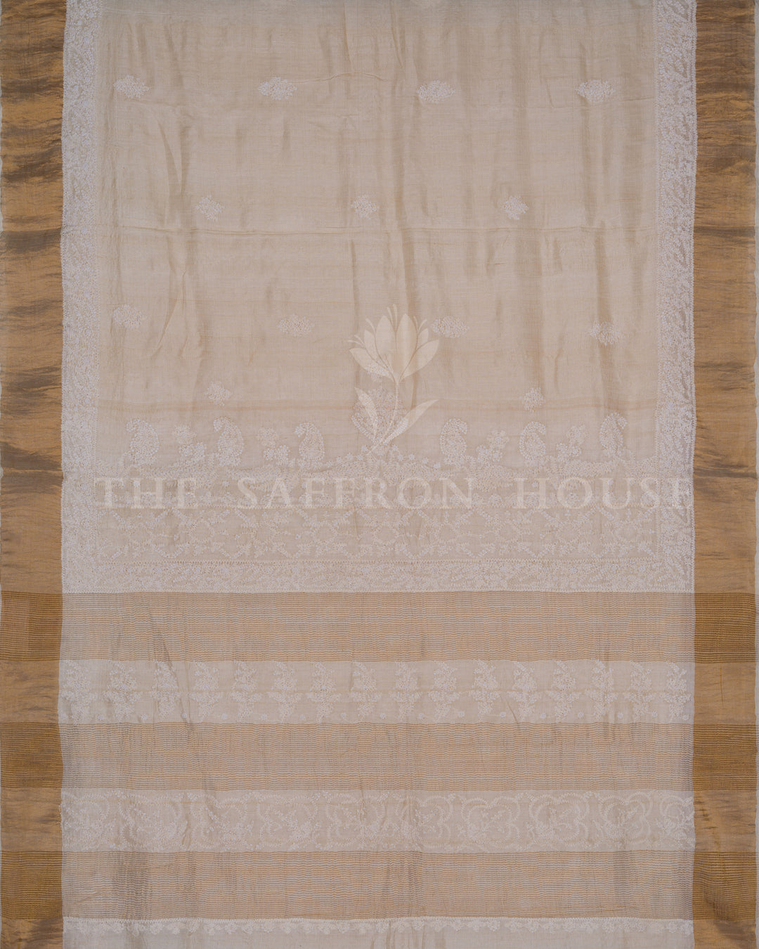 Beige Tussar Silk Chikankari Saree with Hand-Embroidered Paisley Motifs - TSH250532