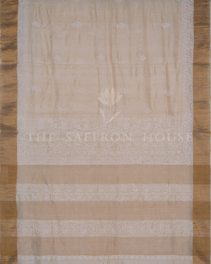 Beige Tussar Silk Chikankari Saree with Hand-Embroidered Paisley Motifs - TSH250532