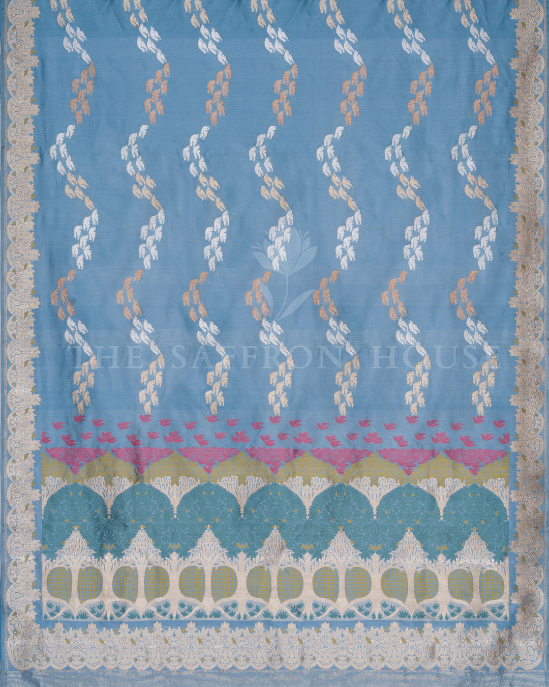 Sky Blue Katan Meenakari Banarasi Saree with Flying Bird Motifs and Jungle Border