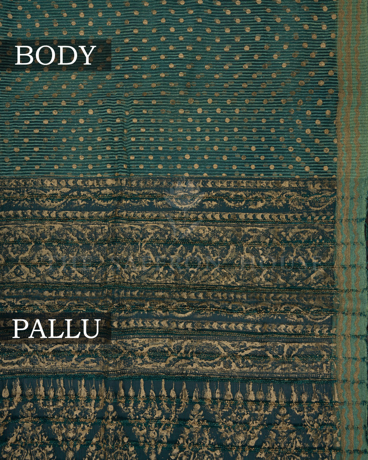 Sea Blue Handwoven Tussar Organza Saree With Golden Zari Stripes - TSH2506078-view2