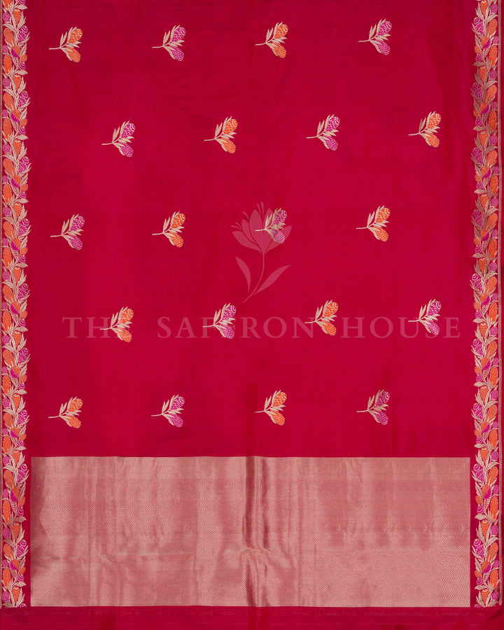 Ruby Red Velvet-Finish Mashru Banarasi Saree with Pashmina-Inspired Floral Border