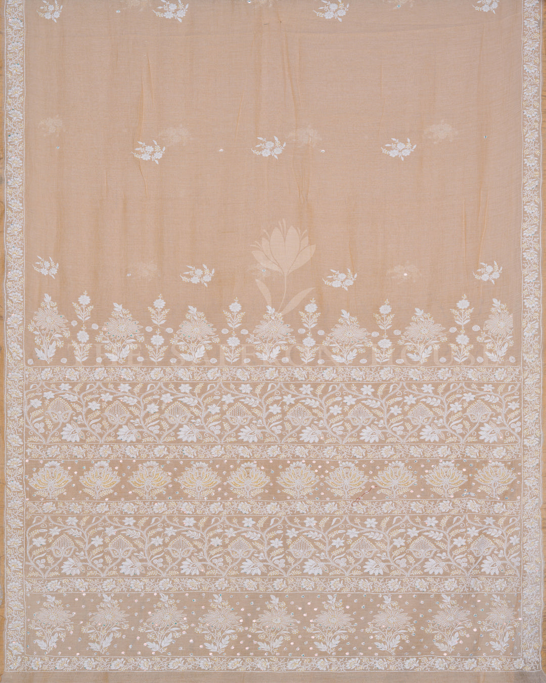 Beige Chikankari Muslin Cotton Saree with Hand Embroidered Floral Motifs and Sequins