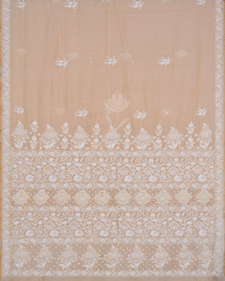 Beige Chikankari Muslin Cotton Saree with Hand Embroidered Floral Motifs and Sequins