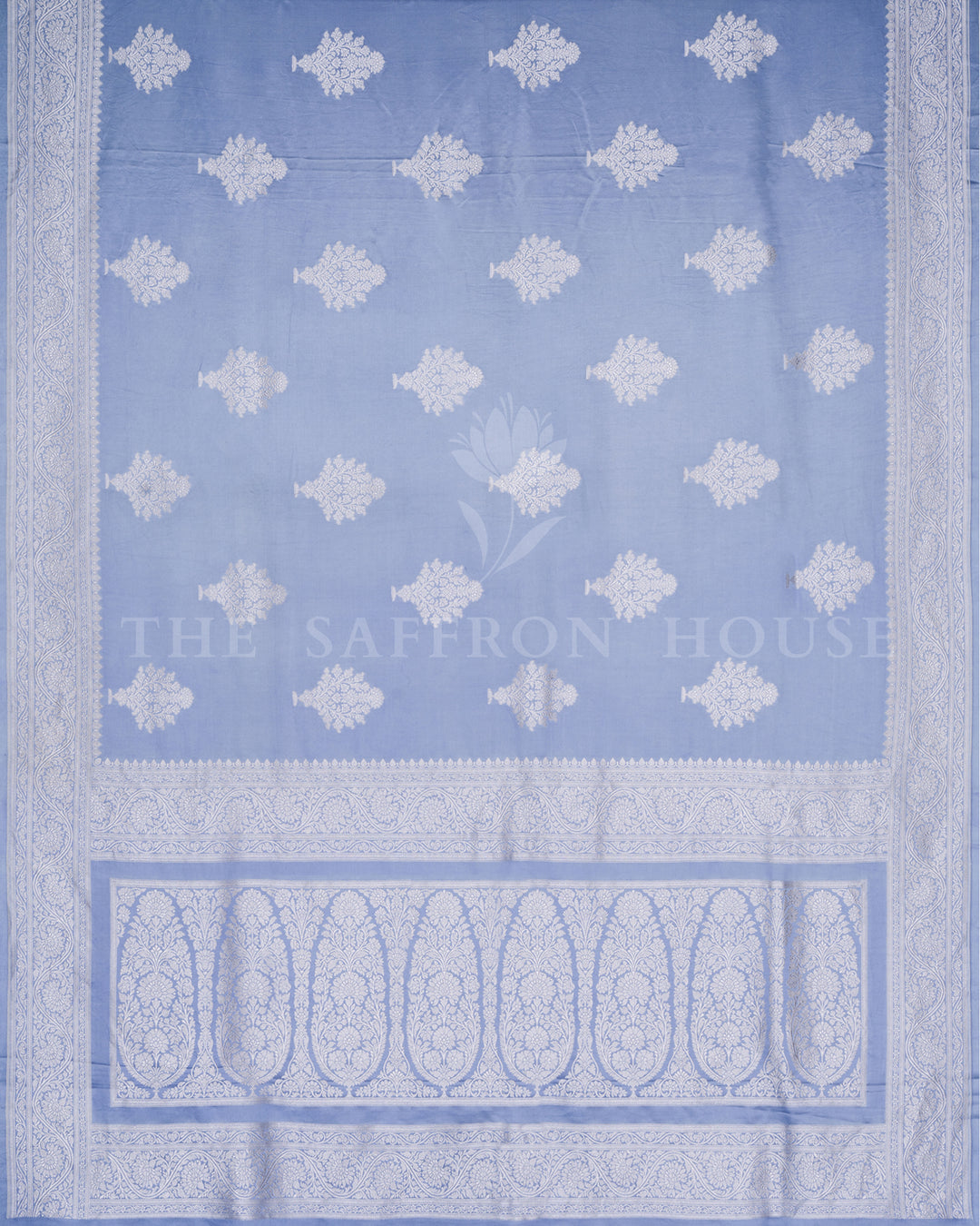 Sky Blue Mashru Banarasi Saree with Ivory Zari Floral Jaal and Vase Butas