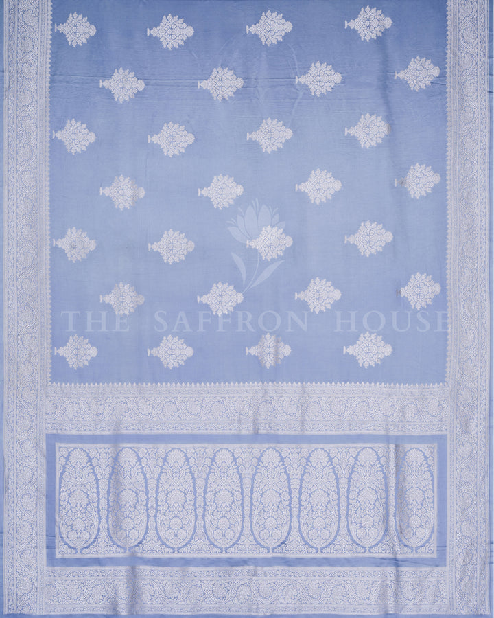 Sky Blue Mashru Banarasi Saree with Ivory Zari Floral Jaal and Vase Butas