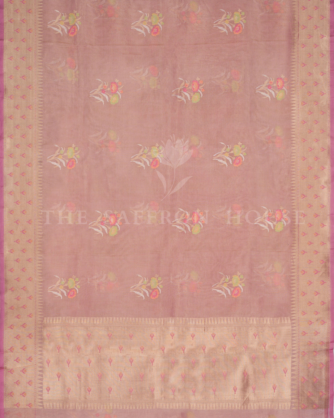 Dusty Rose Kora Banarasi Saree with Paithani-Inspired Border and Pastel Floral Motifs