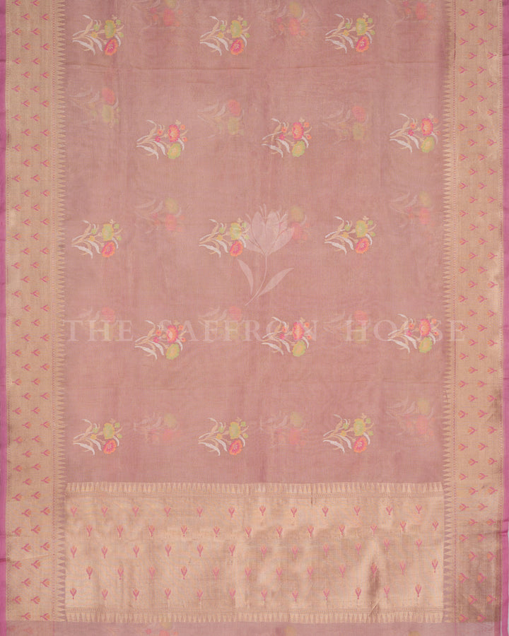 Dusty Rose Kora Banarasi Saree with Paithani-Inspired Border and Pastel Floral Motifs