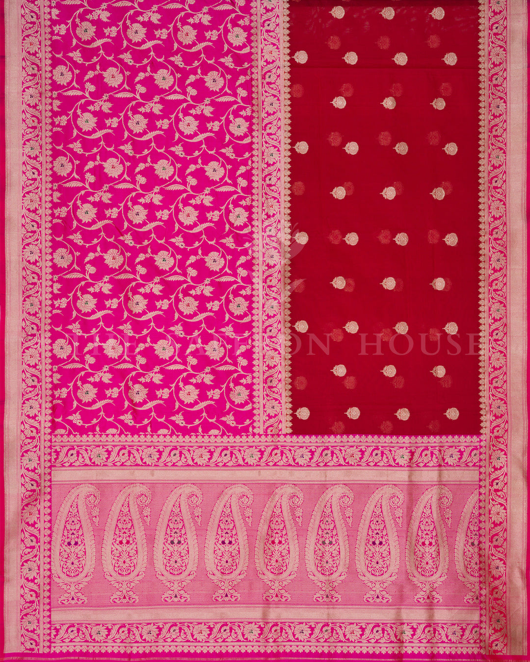 Half Kora Half Silk Banarasi Saree in Red and Rani Pink with Zari Paisley Border