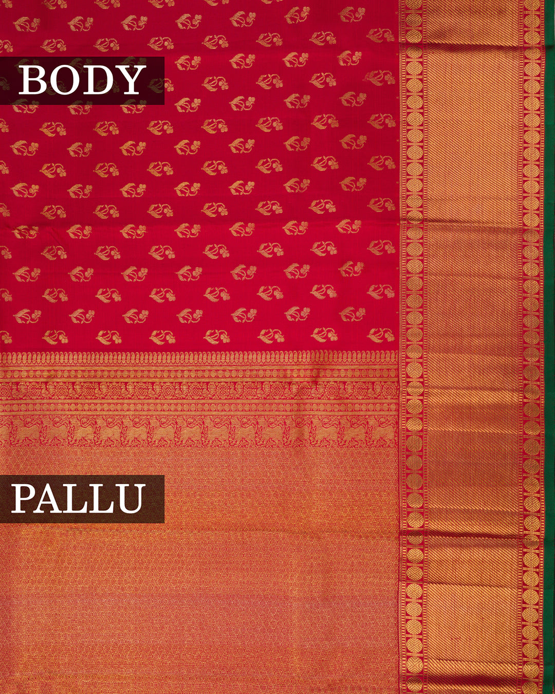 Red Kanchivaram Silk Saree with Gold Zari Butta & Elephant Border