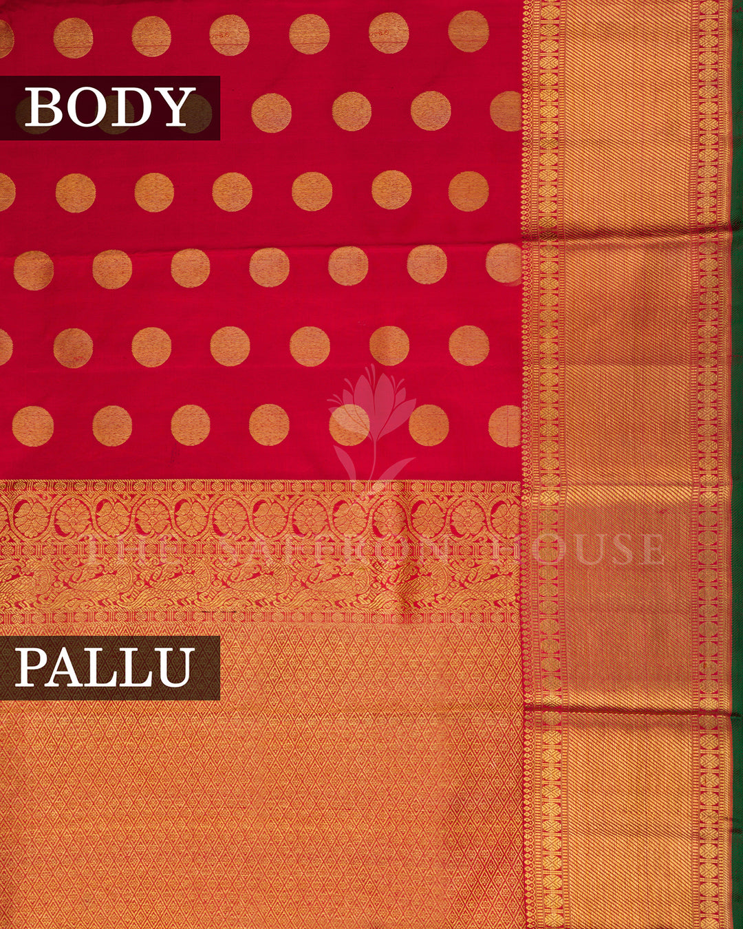 Red Kanchivaram Silk Saree with Gold Zari Buttas & Peacock Border