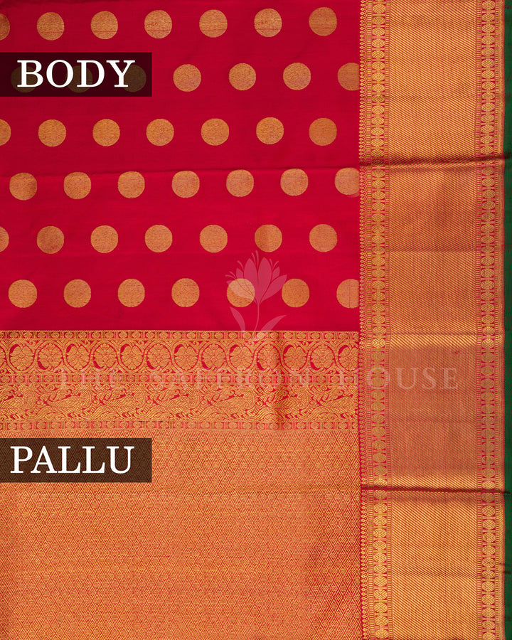 Red Kanchivaram Silk Saree with Gold Zari Buttas & Peacock Border