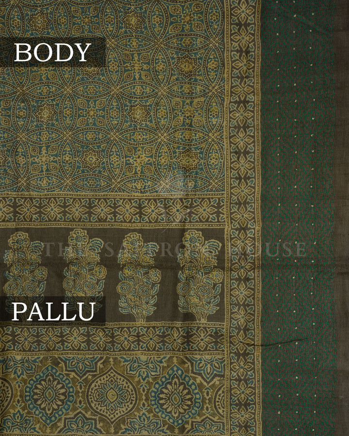 Olive Green Handwoven Tussar Silk Saree - TSH5023