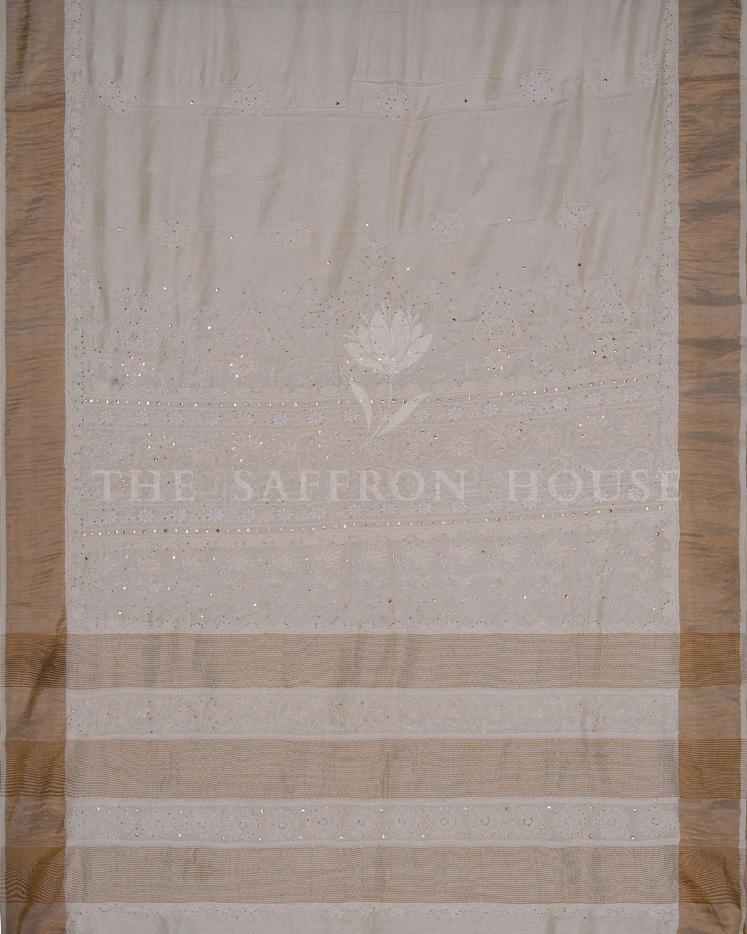 Beige Tussar Silk Chikankari Saree with Hand-Embroidered Paisley Motifs