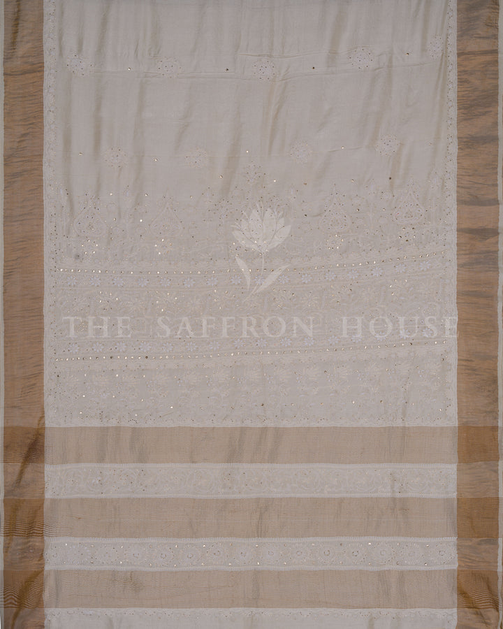 Beige Tussar Silk Chikankari Saree with Hand-Embroidered Paisley Motifs