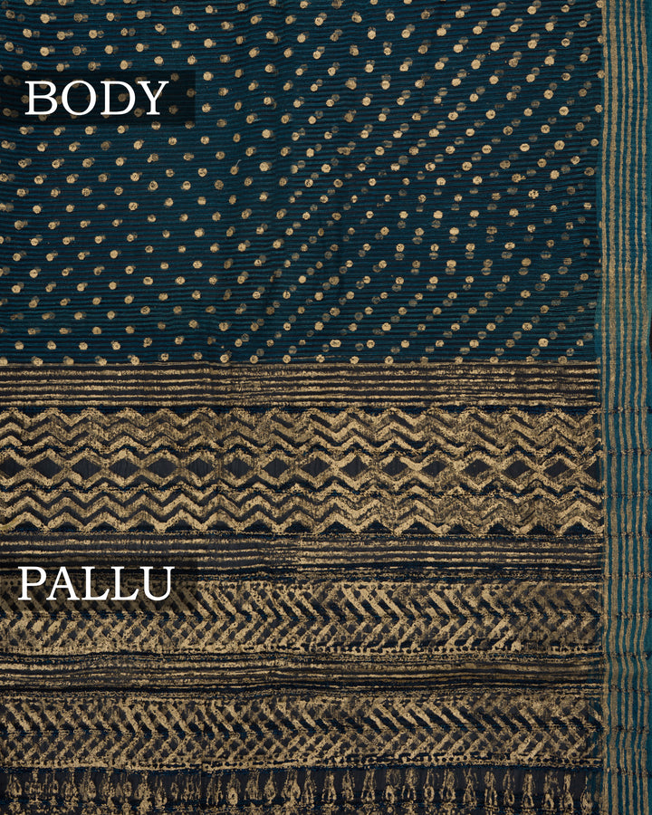 Blue Handwoven Tussar Organza Saree With Golden Zari Stripes - TSH2506079-view2