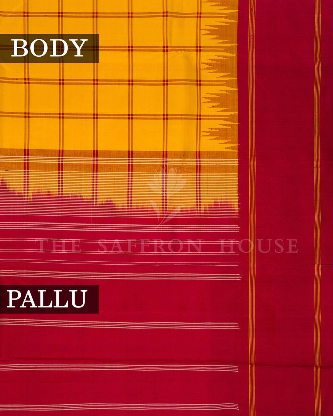 Yellow Kanchivaram Silk Saree with Red Korvai Border & Checked Body