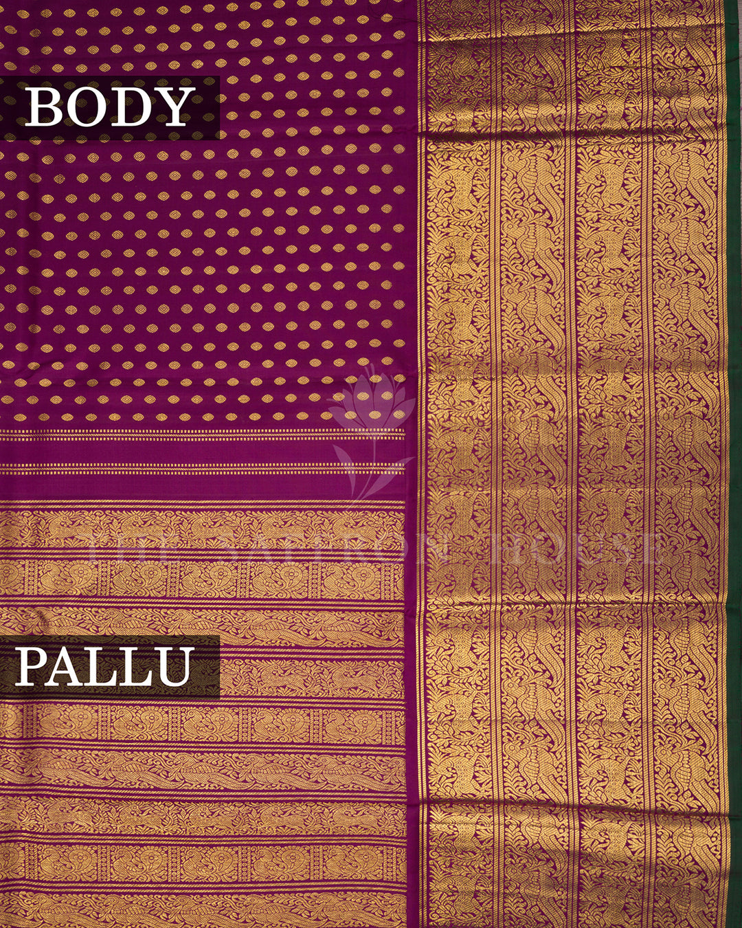 Purple Kanchivaram Silk Saree with Gold Zari Buttas & Peacock Border