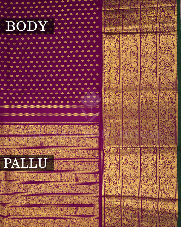 Purple Kanchivaram Silk Saree with Gold Zari Buttas & Peacock Border