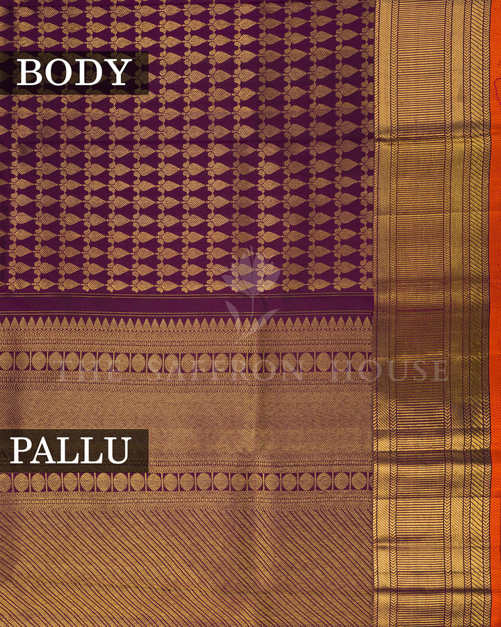 Purple Kanchivaram Silk Saree with Gold Leaf Weave & Orange Contrast Border