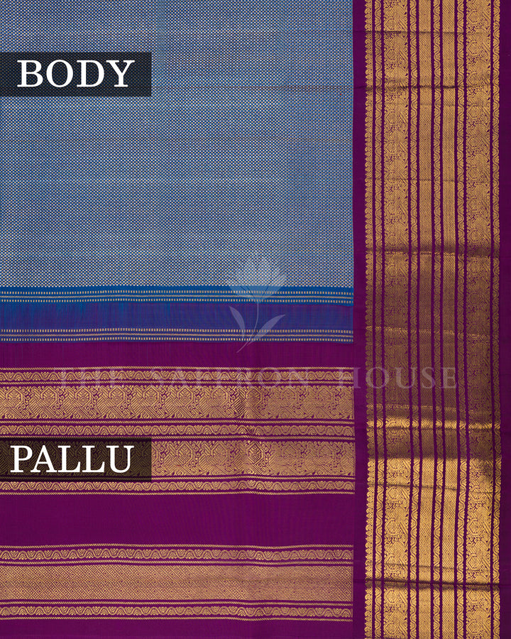 Peacock Blue Kanchivaram Silk Saree with Purple Zari Striped Border