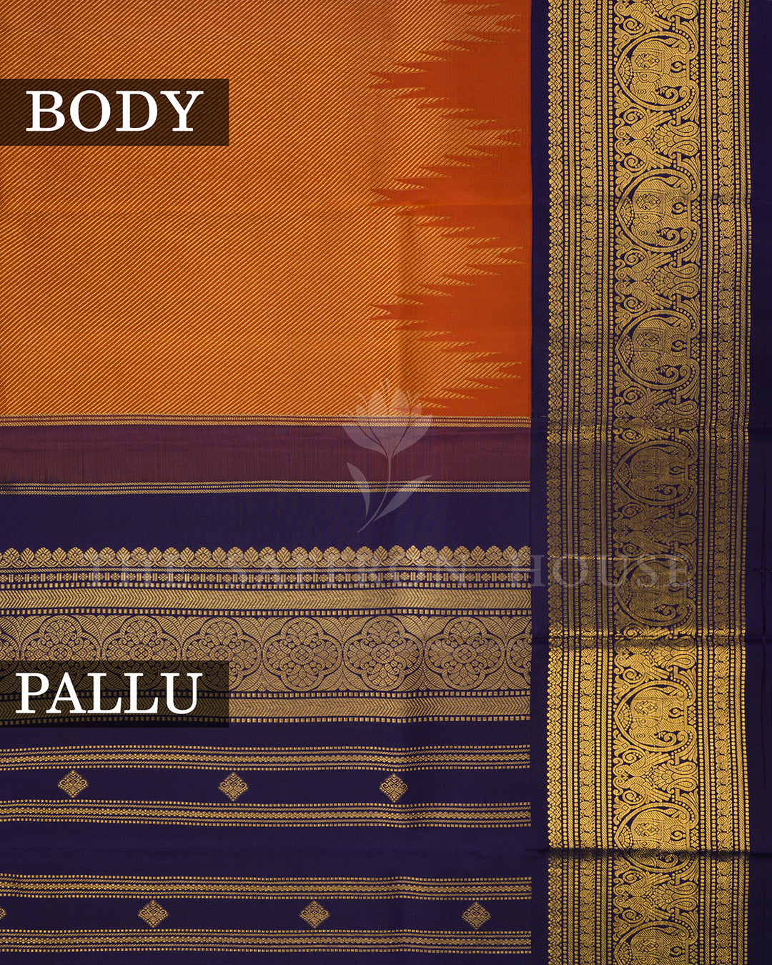 Rust Orange Kanchivaram Silk Saree with Navy Zari Elephant Border