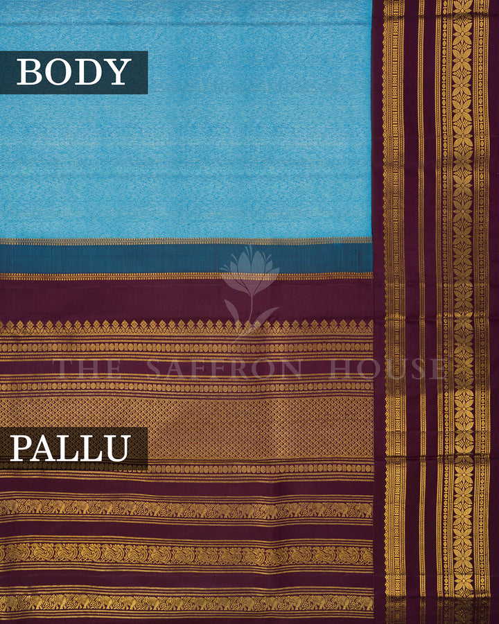 Sky Blue Kanchivaram Silk Saree with Burgundy Gold Zari Border