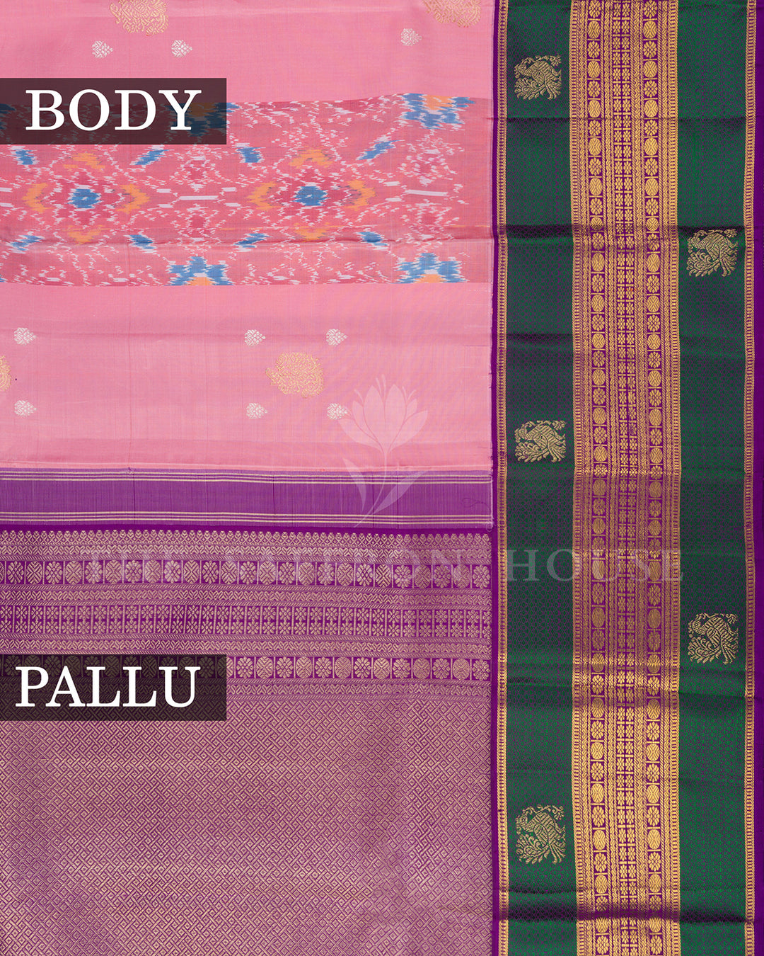 Pink Ikat Print Kanchivaram Silk Saree with Green Zari Peacock Border