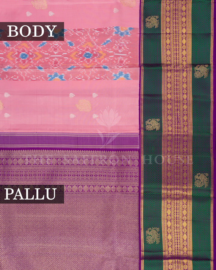 Pink Ikat Print Kanchivaram Silk Saree with Green Zari Peacock Border