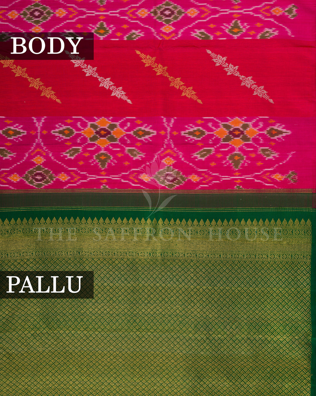 Pink & Red Ikat Print Kanchivaram Silk Saree with Green Zari Pallu