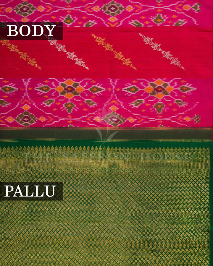 Pink & Red Ikat Print Kanchivaram Silk Saree with Green Zari Pallu