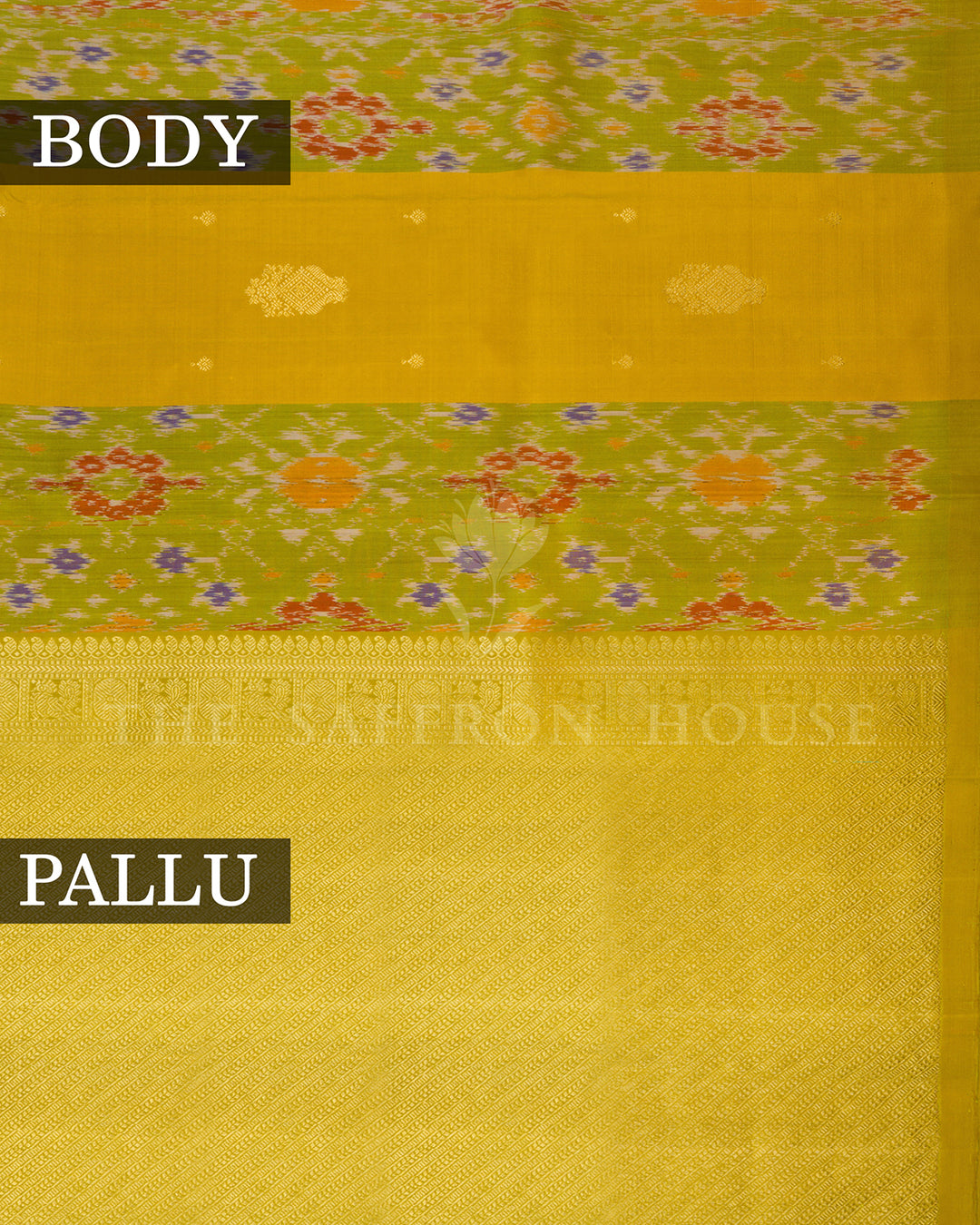 Green & Yellow Ikat Print Kanchivaram Borderless Silk Saree