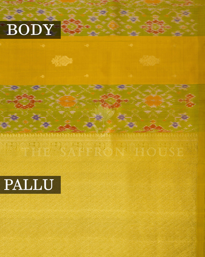 Green & Yellow Ikat Print Kanchivaram Borderless Silk Saree