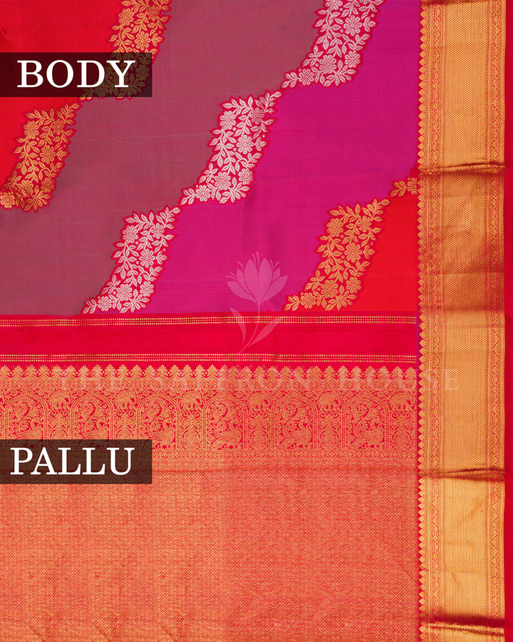Multicolor Shot-Silk Kanchivaram Saree with Silver-Gold Floral Clusters