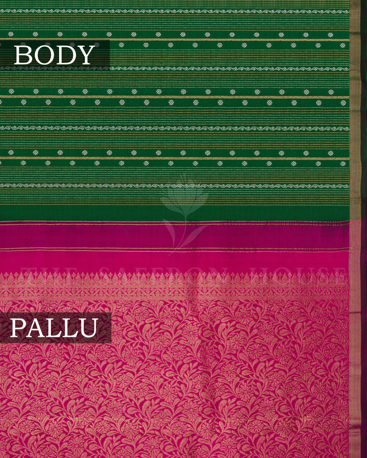 Bottle Green And Magenta Pink Border Handwoven Kanjivaram Silk Saree - TSH2506214