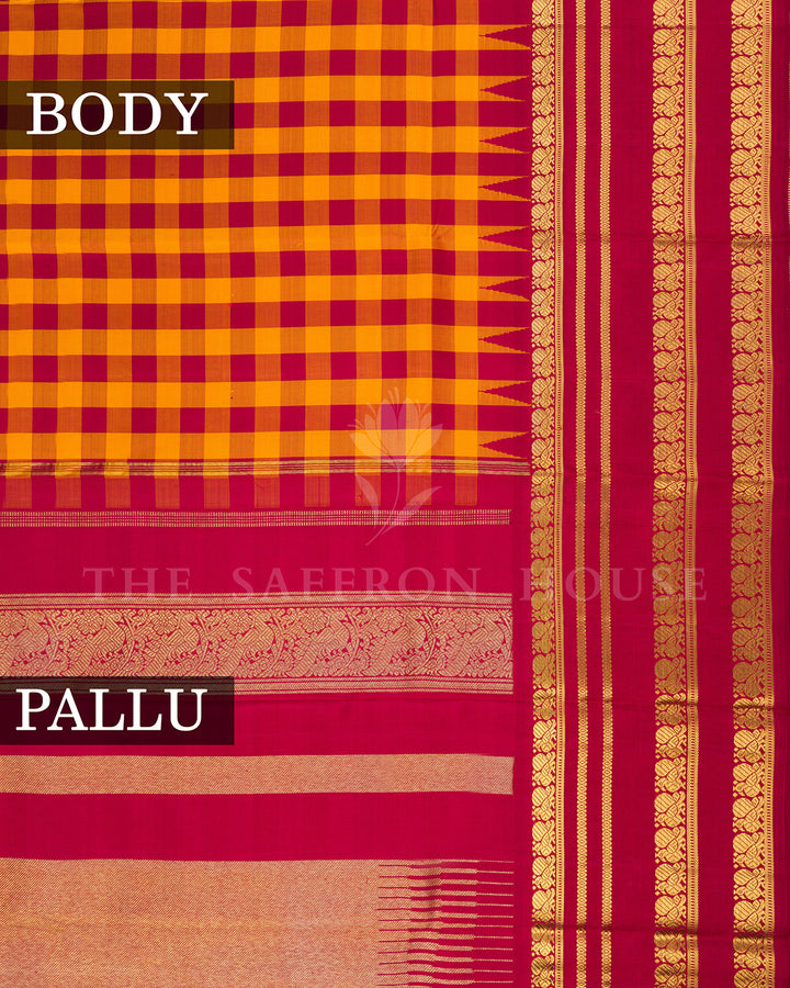 Mustard & Red Checked Kanchivaram Silk Saree with Gold Zari Border