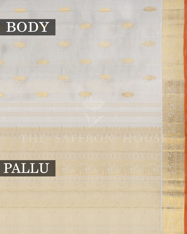 White Tissue Kanchivaram Silk Saree with Gold Zari Elephant Border