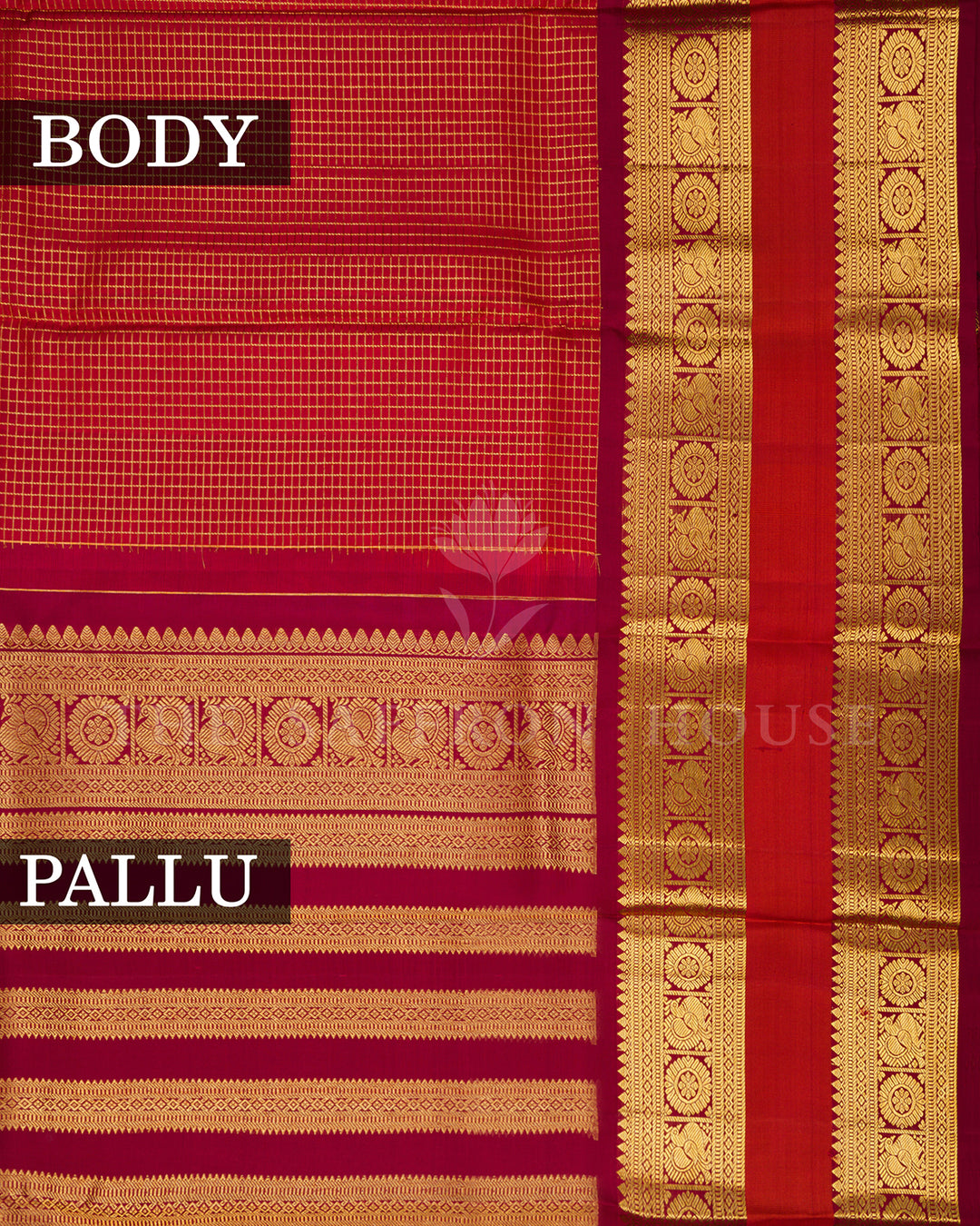 Crimson Red Kanchivaram Silk Saree with Gold Zari Checks & Temple Border