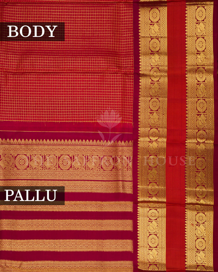 Crimson Red Kanchivaram Silk Saree with Gold Zari Checks & Temple Border