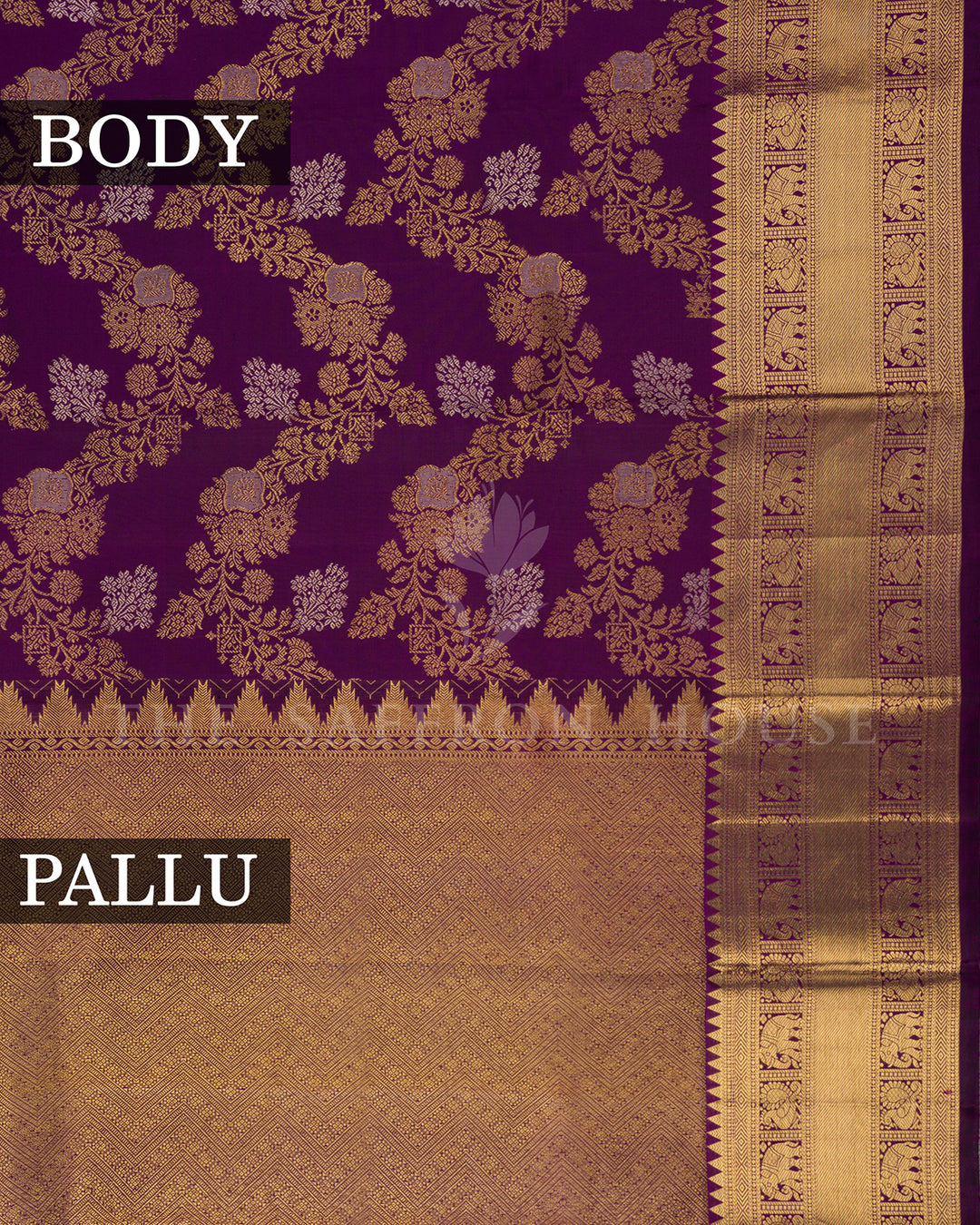 Deep Purple Kanchivaram Silk Saree with Gold Zari Floral Weave & Elephant Border
