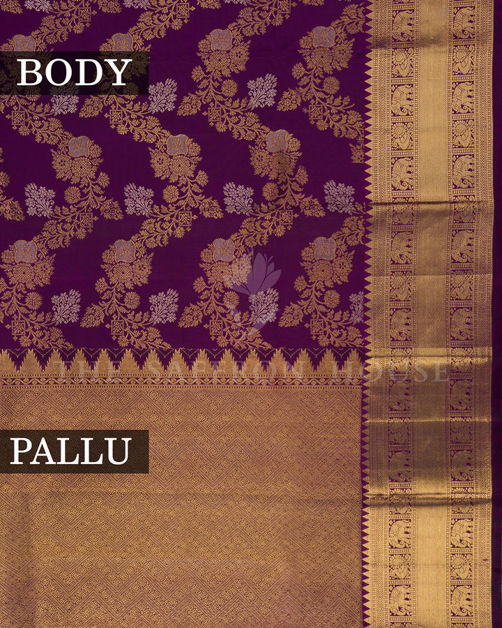 Deep Purple Kanchivaram Silk Saree with Gold Zari Floral Weave & Elephant Border