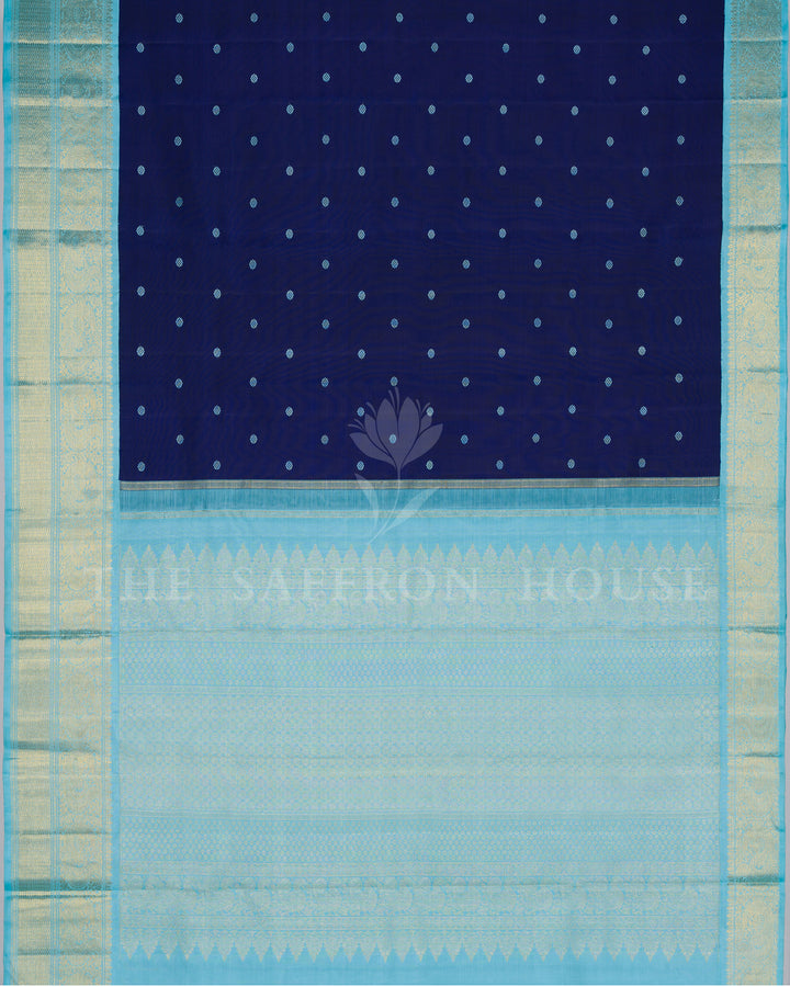 Handloom Kanjivaram Silk Saree in Deep Navy Blue And Sky Blue - TSH60401