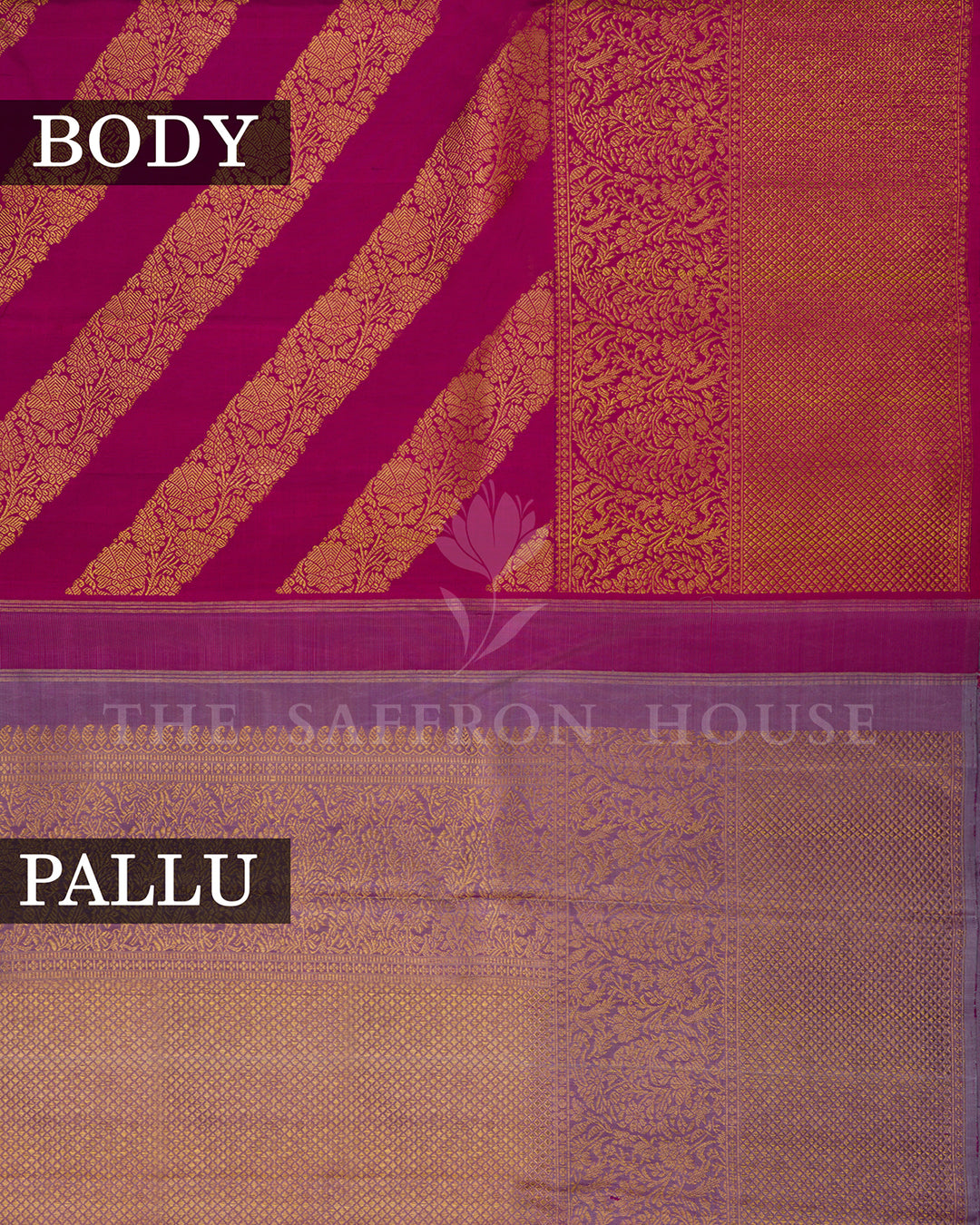 Magenta Kanchivaram Silk Saree with Diagonal Zari Floral Stripes & Lavender Contrast Pallu