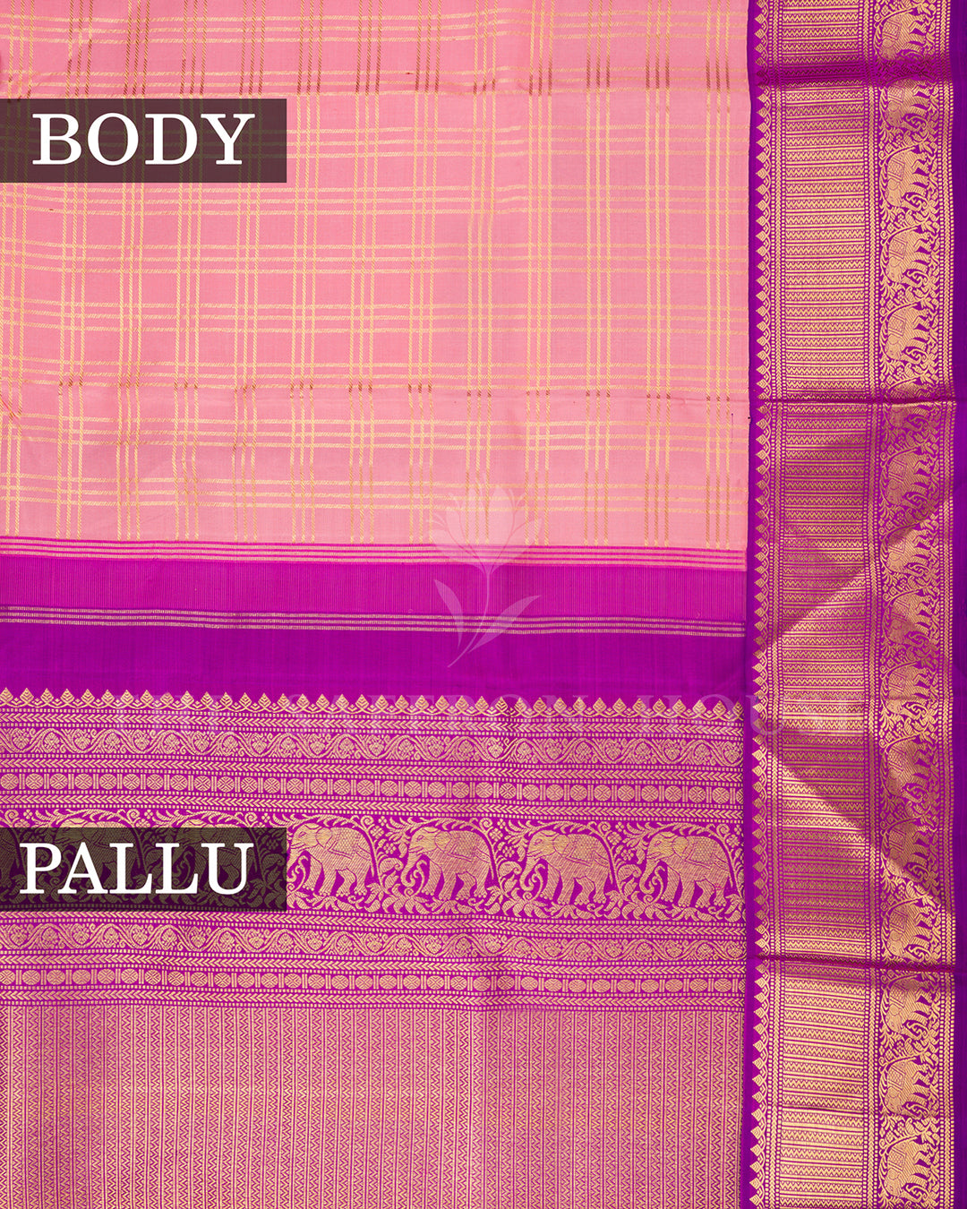 Pink Kanchivaram Silk Saree with Gold Zari Checks & Purple Elephant Border