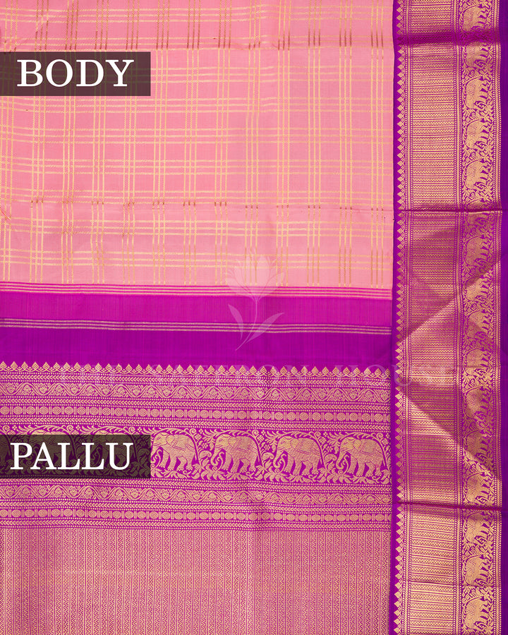 Pink Kanchivaram Silk Saree with Gold Zari Checks & Purple Elephant Border