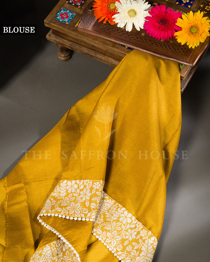 Mustard Yellow Tussar Silk Saree with Floral Embroidery