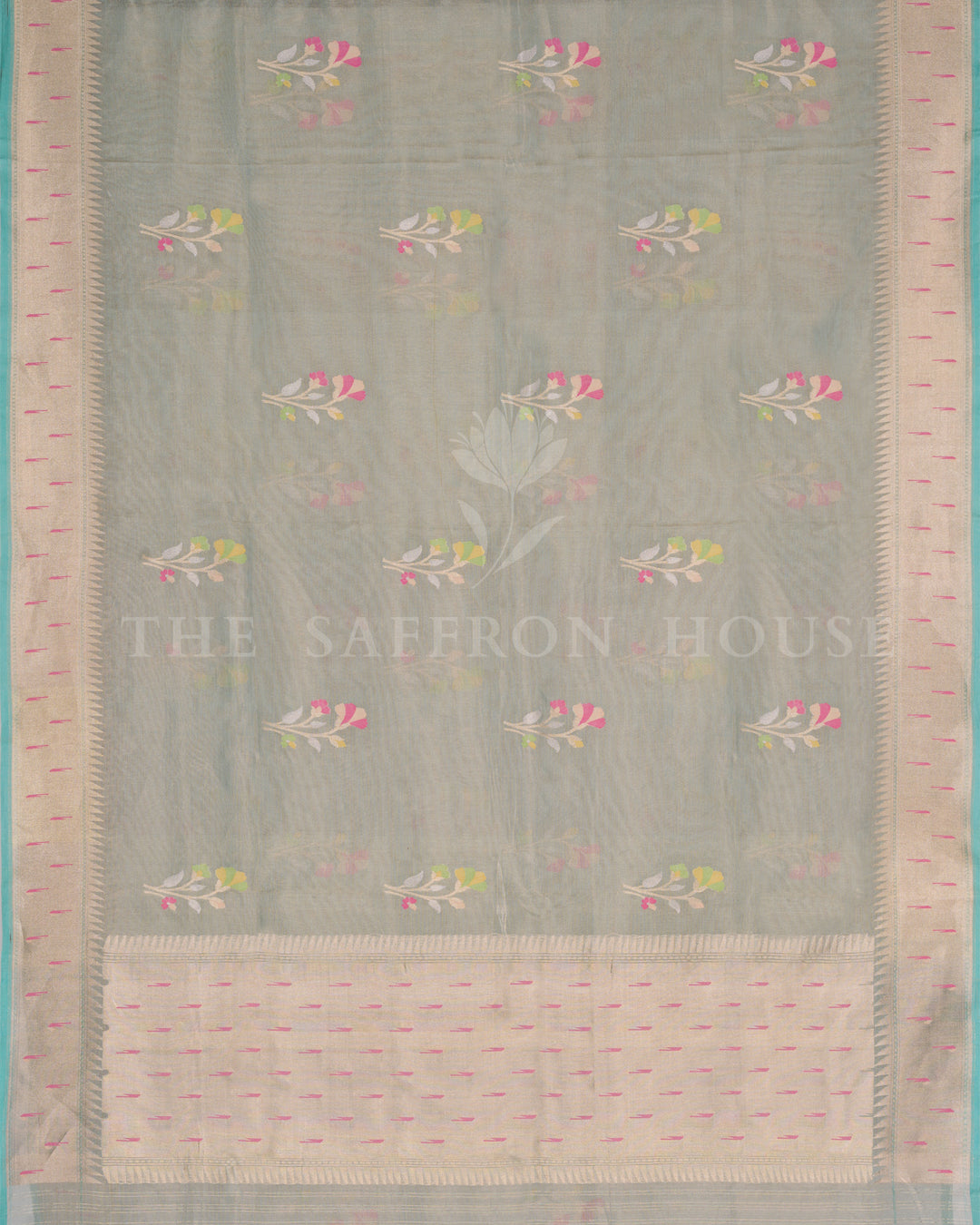 Pista Green Banarasi Saree with Paithani-Inspired Border and Pastel Floral Motifs - TSH250528