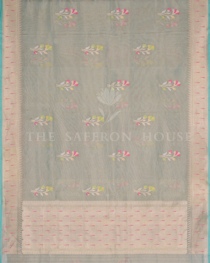 Pista Green Banarasi Saree with Paithani-Inspired Border and Pastel Floral Motifs - TSH250528